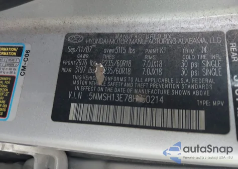 2008 Hyundai Santa Fe Limited/Se из США, поврежденный, VIN 5NMSH13E78H150214